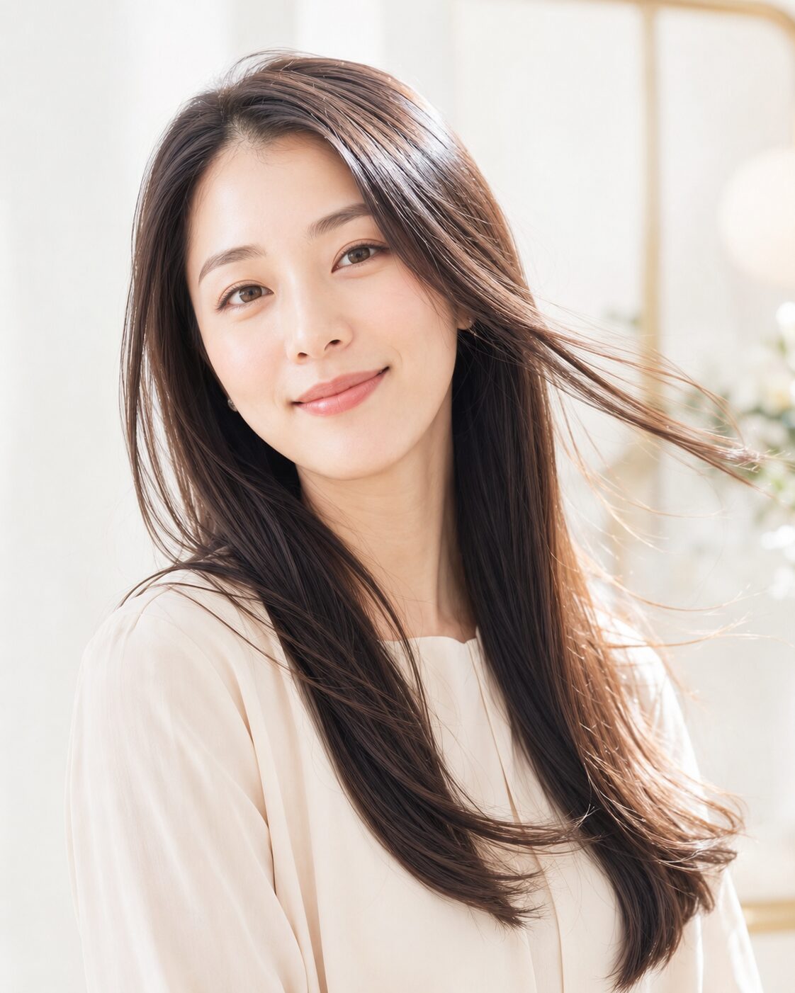 艶のある髪をなびかせる女性のファーストビュー画像